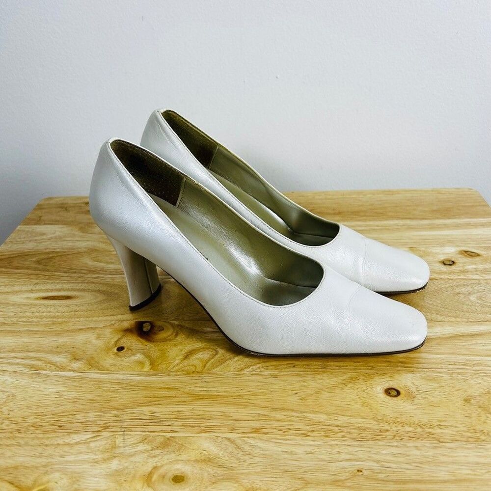 Worthington Womens White Leather Square Toe Pumps Block Heels Size 6.5